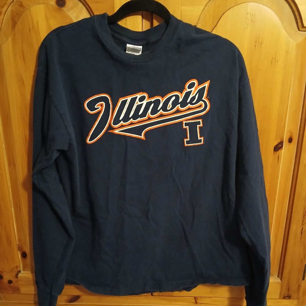 ILLINOIS FIGHTING ILLINI Script Long Sleeve T-Shirt Large Gildan Heavy Cotton